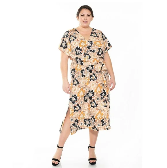 ALEXIA ADMOR | Iris Dolman Sleeve Faux-Wrap Dress in Beige Floral sz 3X - Picture 2 of 14